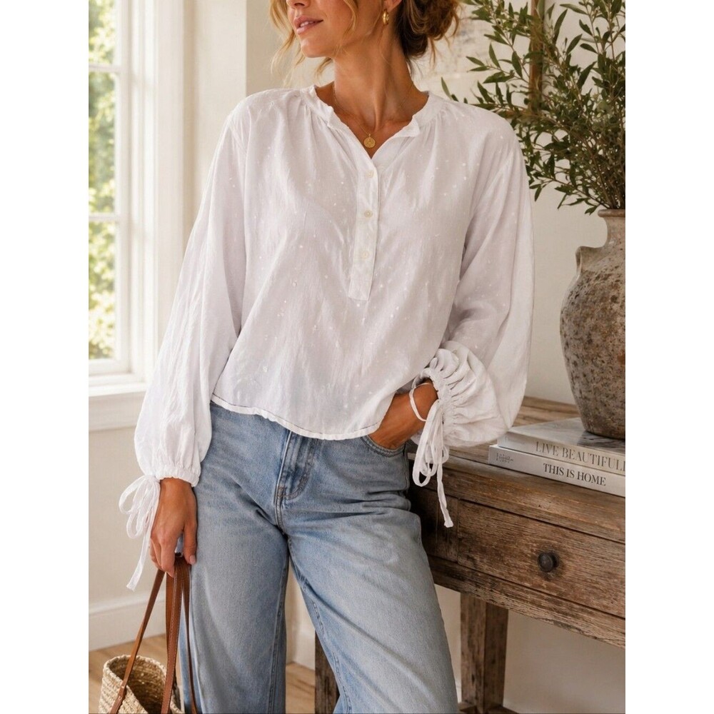 White Swiss Dot Henley 100% Cotton Long Puff Sleeve S Crop Curved Hem Cottagecor